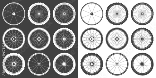 Black and white bicycle wheel symbols collection. Bike rubber tyre silhouettes. Fitness cycle, road and mountain bike. Vector illustration