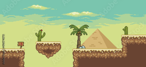 Pixel art desert game scene with pyramid, palm tree, cactuses, floating island 8bit landscape background