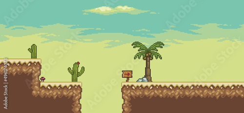 Pixel art desert game scene with palm tree, cactuses 8bit landscape background
