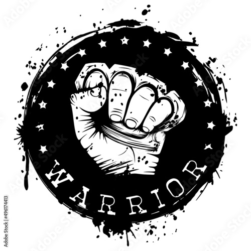 Vector illustration hand with brass knuckle on grunge background. Inscription warrior. For tattoo or t-shirt design.