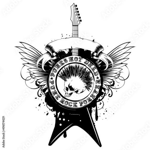 Vector illustration stamp and electric guitar on wings and grunge background. Imprint contains skull with mohawk and lettering punk not dead and punk rock forever. Design for t-shirt or poster print