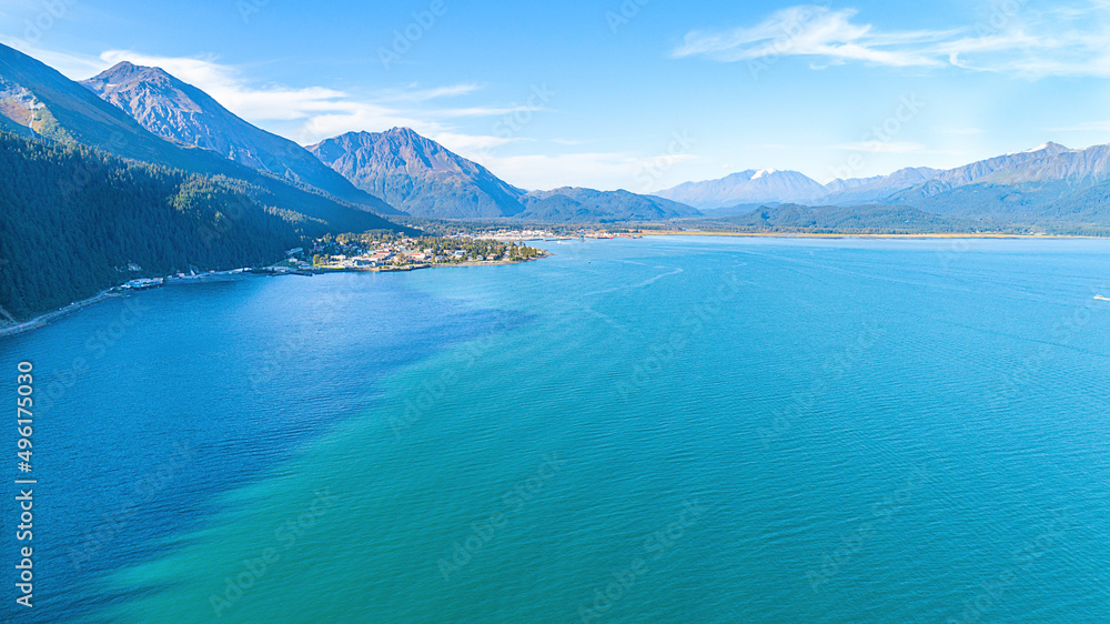 Naklejka premium Summer aerial photo of Prince William Sound, shot in Whittier, Alaska.