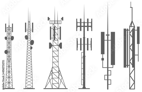 Transmission cellular towers silhouette. Mobile and radio communications towers with antennas for wireless connections. Outline vector illustrations set