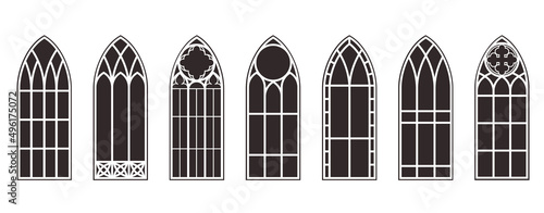 Gothic windows outline set. Silhouette of vintage stained glass church frames. Element of traditional european architecture. Vector