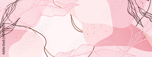 Abstract light pink and beige background with twigs, tropical leaves, lines and aesthetic shapes. Vector illustration for text, banners, wallpapers, background, sales, discounts, promotions, etc. © hockey_mom