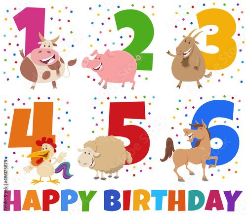 birthday greeting cards set with cartoon farm animal characters