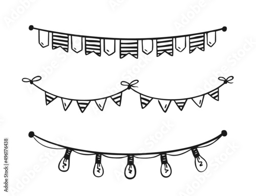 Festive garland painted in doodle style isolated on white background Vector illustration for birthday festival carnival holiday decoration.