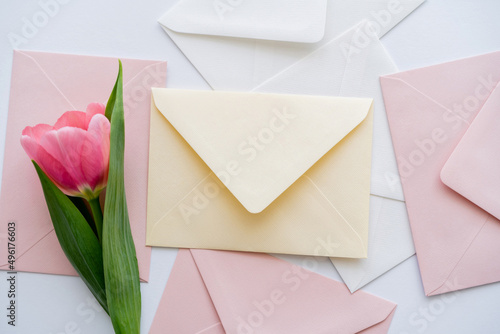 top view of pink tulip near pastel envelopes on white. photo