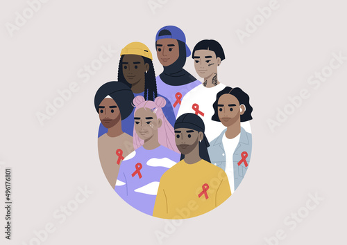 HIV and AIDS support group, characters wearing red ribbons