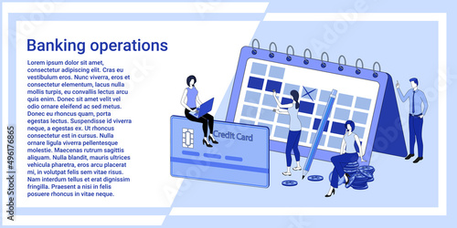 Banking operations.People on the background of a calendar and credit cards calculate bank payments.The illustration in the style of the landing page is blue.