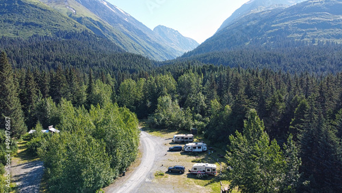 Aerial stills of Summer RV camping on Kenai Lake, in Alaska.