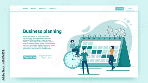 Business planning.People are engaged in the development and planning of business ideas.An illustration in the style of a green landing page.