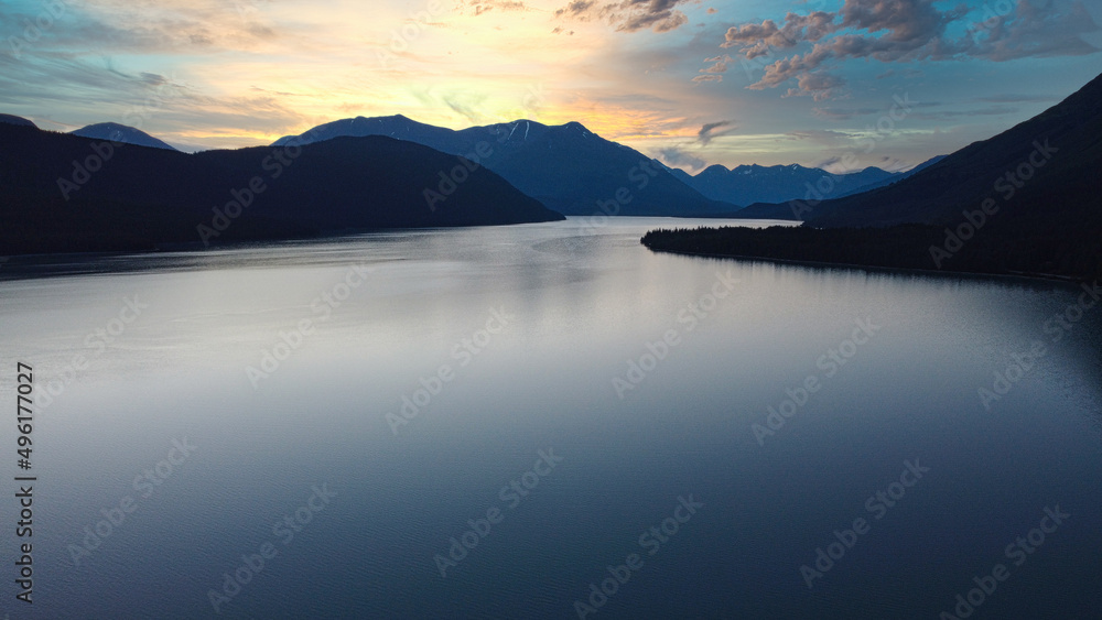 Aerial stills of sunset at Kenai Lake, Alaska.