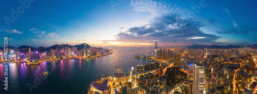 Photography Aerial view of the Victoria Harbour, Hong Kong, at Twilight time