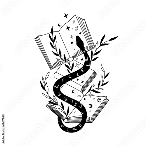 Mystical snake with book, magic line celestial snake with moon, stars and planets, witchy esoteric objects, floral, mystical. Black and white vector illustration