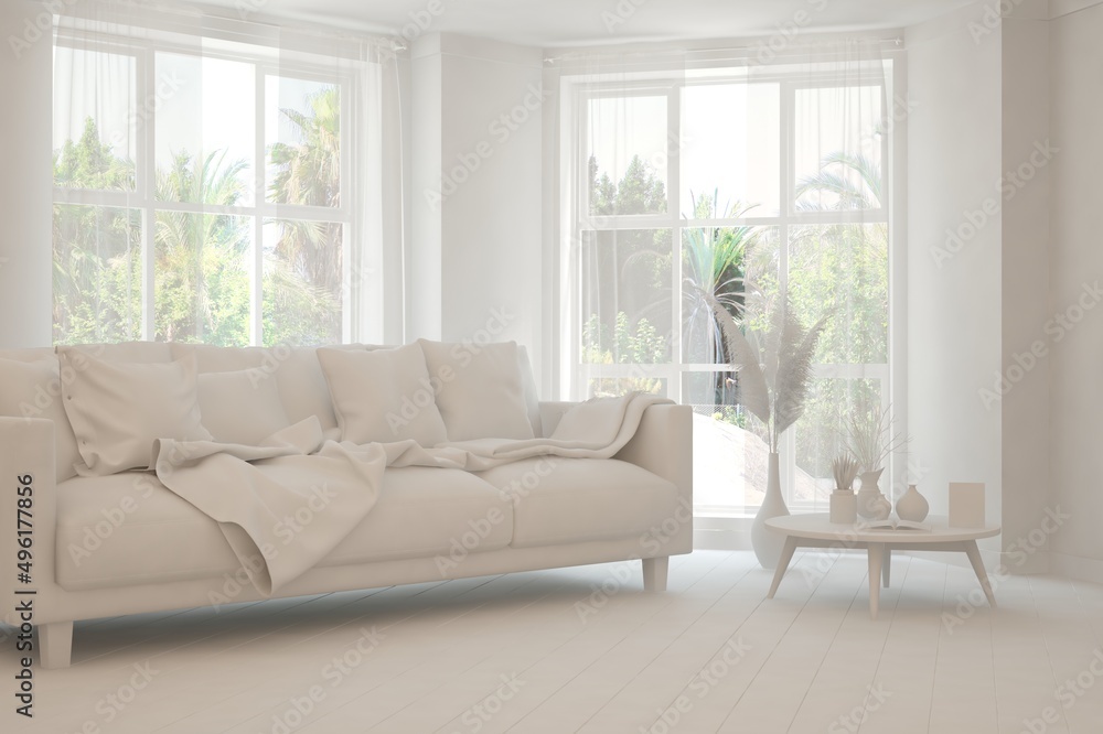 Fototapeta premium Mock up of stylish room in white color with sofa and green landscape in window. Scandinavian interior design. 3D illustration