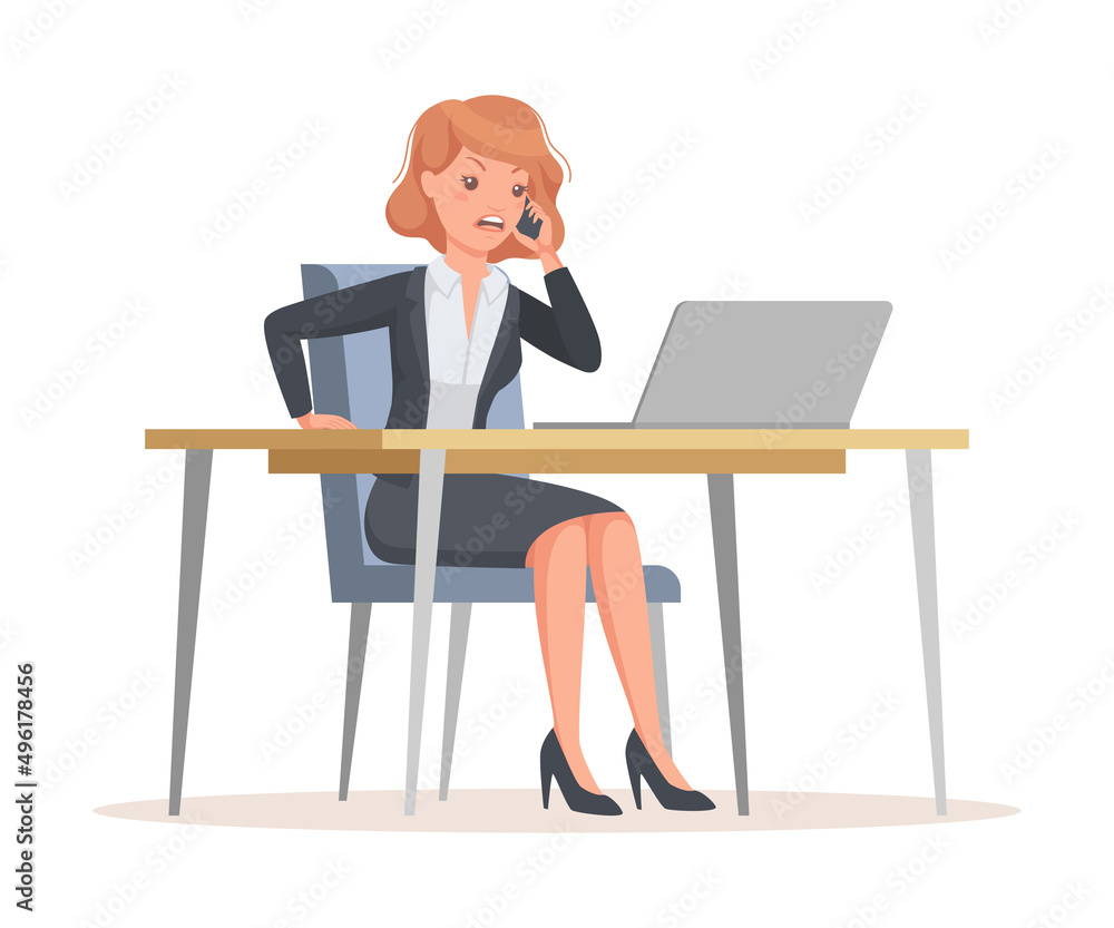 Young Office Woman Sitting at Desk with Laptop Speaking by Phone Engaged in Workflow Vector Illustration Young Office Woman Sitting at Desk with Laptop Speaking by Phone Engaged in Workflow Vector Illustration