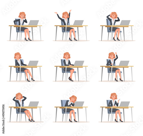 Young Office Woman Sitting at Desk with Laptop Engaged in Workflow Vector Set
