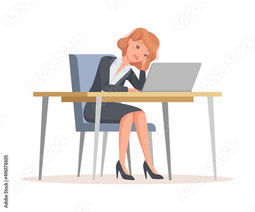 Tired Office Woman in Suit at Desk with Laptop Engaged in Workflow Vector Illustration