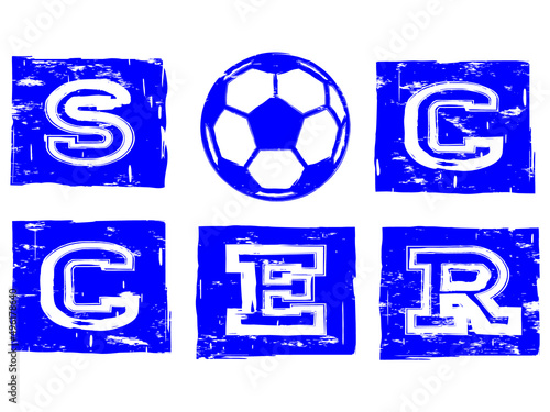 Abstract vector illustration blue inscription soccer with football ball. Design for print on fabric or t-shirt.