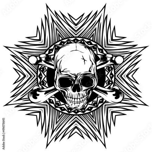 Abstract vector illustration black and white human skull with crossed bones on round ornament. Design for tattoo or print t shirt.