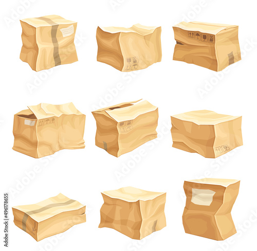 Crumpled Cardboard Box with Corrugated Sides as Packaging and Shipping Container Vector Set
