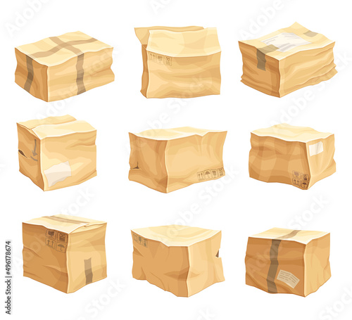 Crumpled Cardboard Box with Corrugated Sides as Packaging and Shipping Container Vector Set