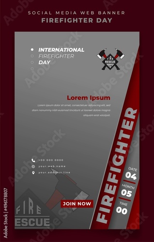 Portrait banner template in gray background for firefighter day design