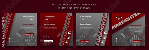 Set of social media post template with red and gray background for firefighter day design
