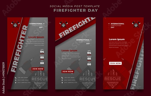 Set of social media template with red and gray background in portrait design for firefighter day