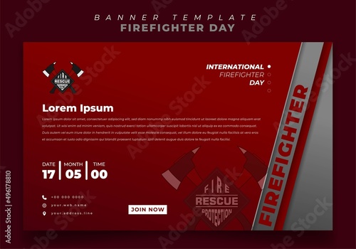 Banner template with axe design for firefighter day in red background