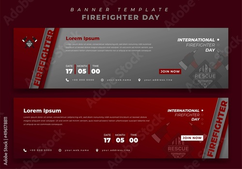Set of web banner template for firefighter day in red and gray background