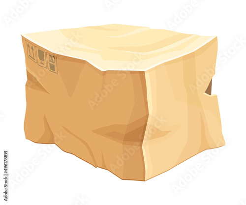 Crumpled Cardboard Box with Corrugated Sides as Packaging and Shipping Container Vector Illustration