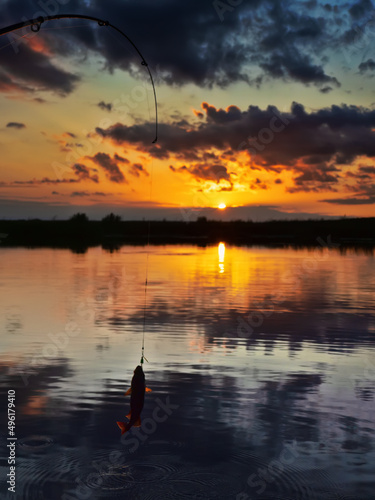 Fishing at sunset. Catching predatory fish on spinning. Sunset colors on the water surface, sunny path from the low sun. Perch caught on yellow spoonbait photo