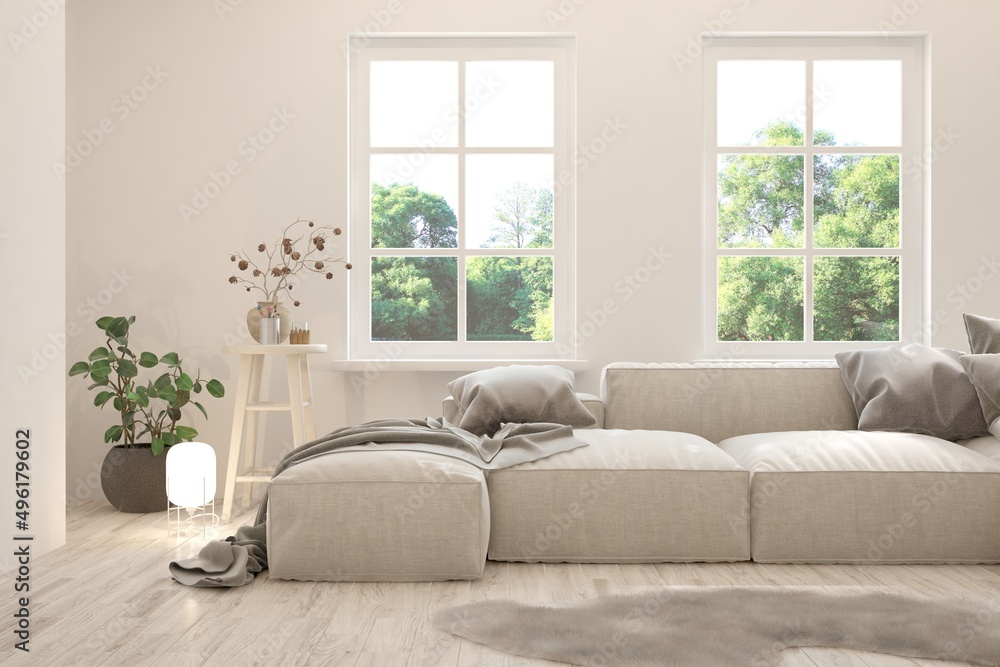 Mock up of minimalist living room in white color with sofa. Scandinavian interior design. 3D illustration Mock up of minimalist living room in white color with sofa. Scandinavian interior design. 3D illustration