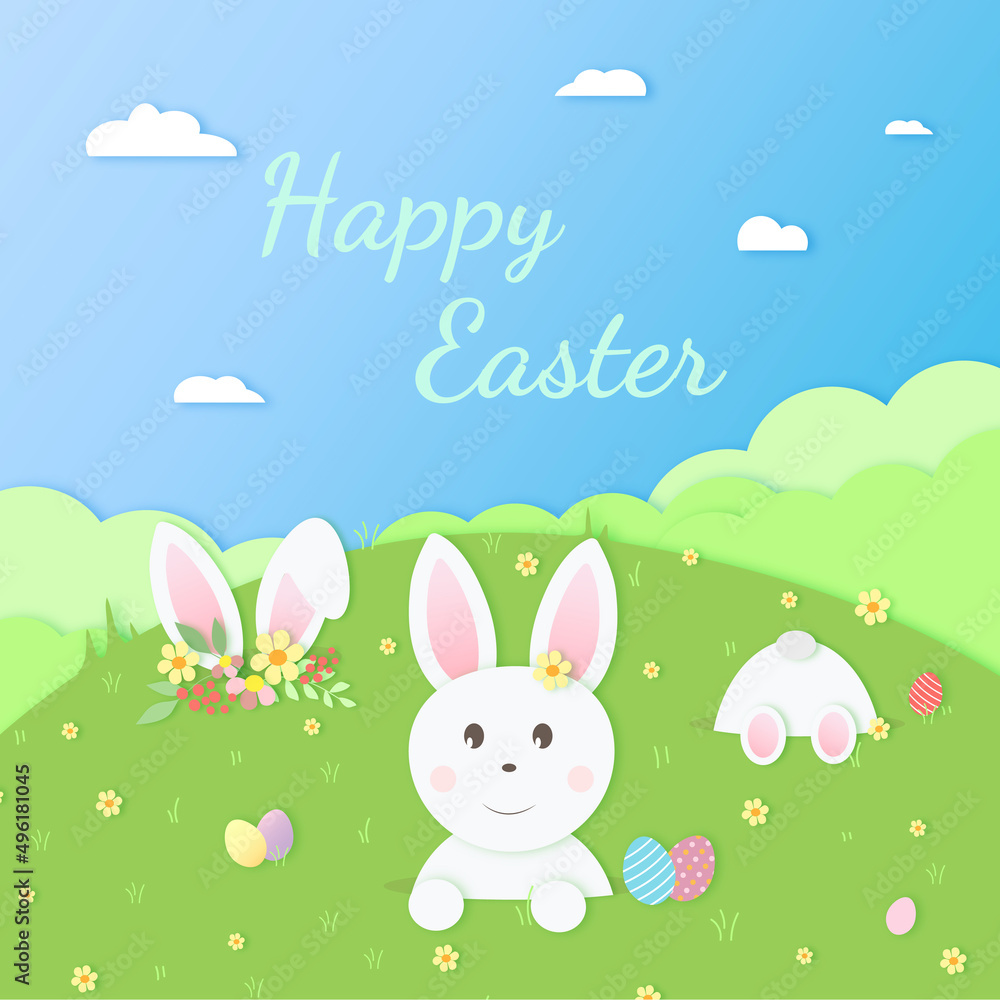 easter card with bunny in a paper cut style easter card with bunny in a paper cut style