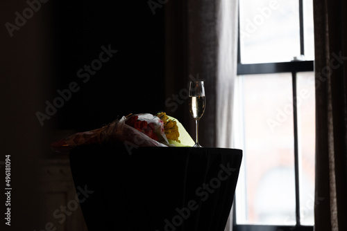 Glass of prosecco on table