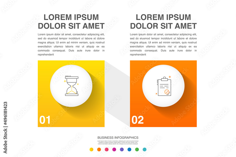Naklejka premium Infographic vector with 2 squares. Business line concept graphic process template with two steps and circles. Graphic timeline for app, website, interface, chart, levels, web, diagram, banner