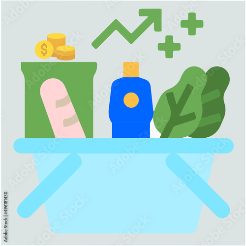 Inflation, a green arrow with a basket of groceries.