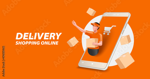 delivery man standing holding parcel box in front of smartphone screen and parcel boxes floating around for online shopping and delivery concept ,vector character 3d isolated on orange background