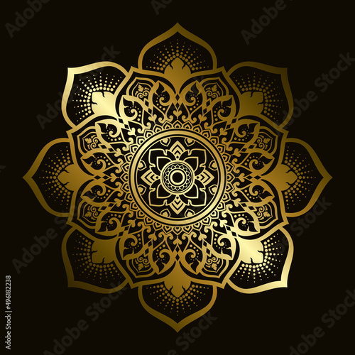 Mandala pattern applied in Thai art style with golden gradient. Dark black background. Vector illustration.