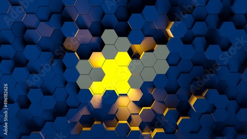 Digital generated technology hexagon background.Glossy textured blue hexagons with yellow glow.Modern futuristic background 3d illustration. Pattern hexagon background abstract and geometric wallpaper