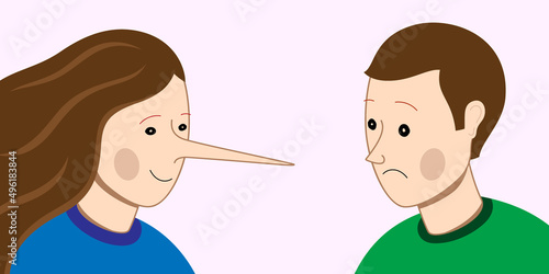 Liar woman with a long nose, cheating on partner man. Dishonesty in relations, concept vector illustration