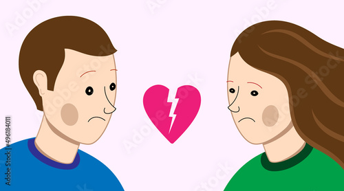 Broken relations, divorce concept vector illustration. White couple with sad faces looking at a broken heart.