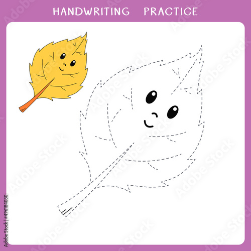 Handwriting practice sheet. Simple educational game for kids. Vector illustration of cute autumn leaf for coloring book
