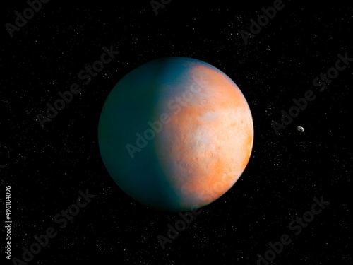 Beautiful exoplanet, Earth-like planet from alien star system. Super-Earth in space with stars. 