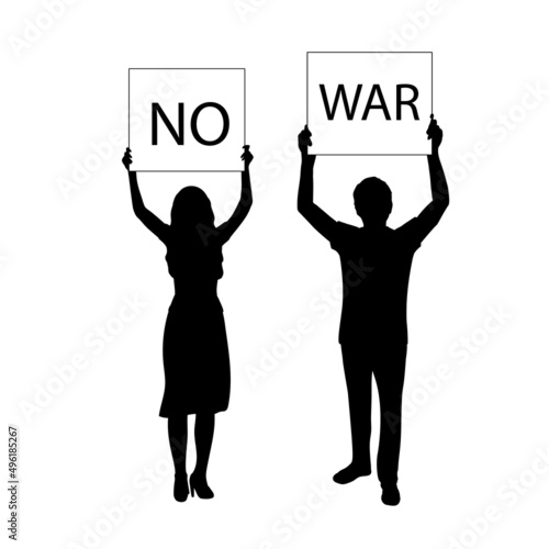 Silhouettes men and woman holds placard NO WAR.