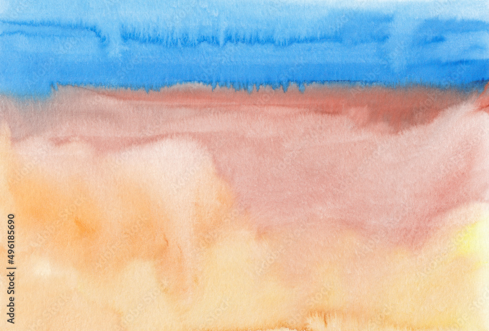 Watercolor blue, brown and yellow background texture. Abstract watercolour landscape. Stains on paper, hand painted.