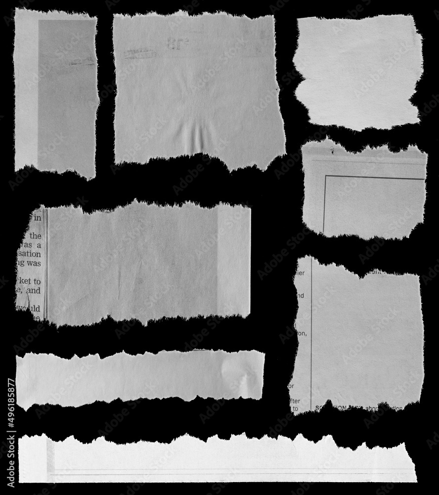 Eight pieces of torn newspaper on black background