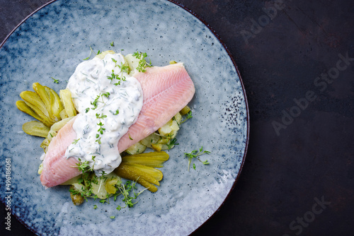 Modern style traditional smoked rainbow trout with boiled potato salad and yoghurt served as top view on a design plate with copy space